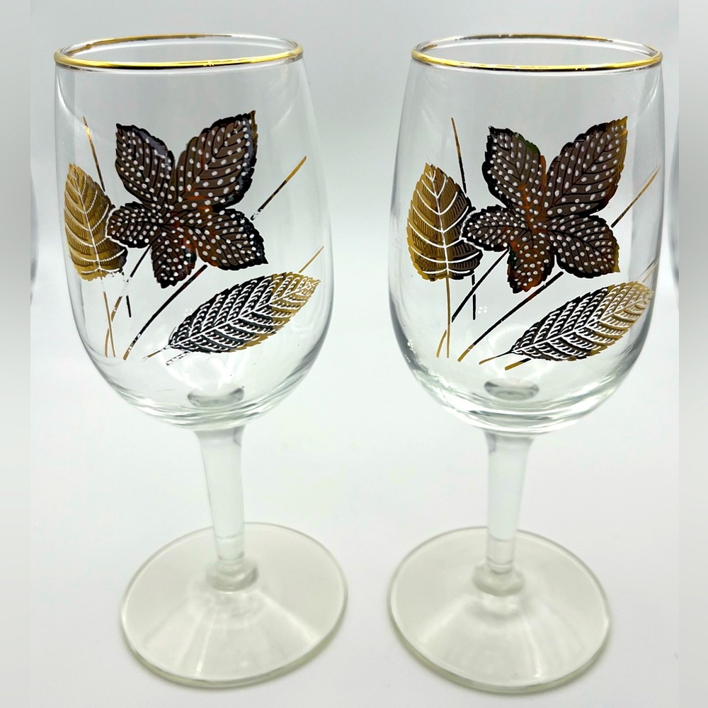 VTG Pair (2) of 6” Libbey Gold Leaf Cordial Glasses with Gold Rim Detailing